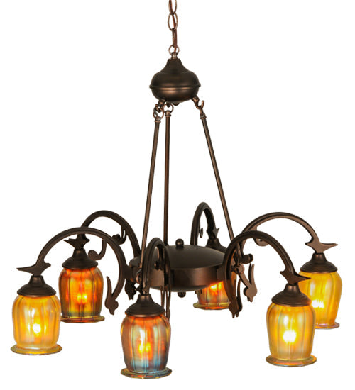 Meyda Lighting Favrile 28" 6-Light Mahogany Bronze Chandelier With Multi-Colored Shade Glass