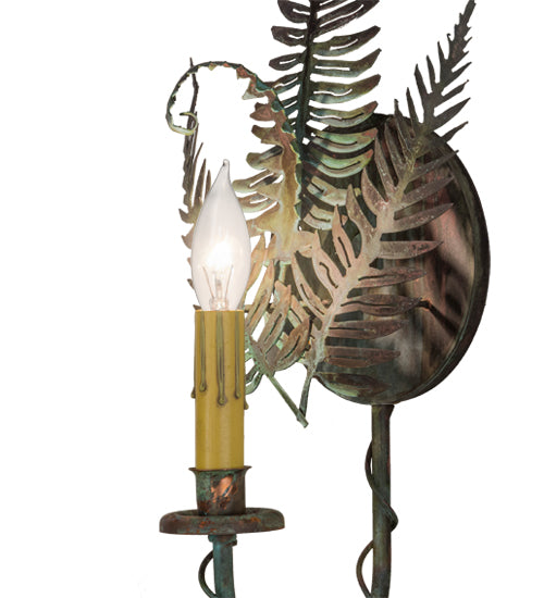 Meyda Lighting Fern 8" Raw Copper & Verdigris Wall Sconce With Amber Faux Candlelight