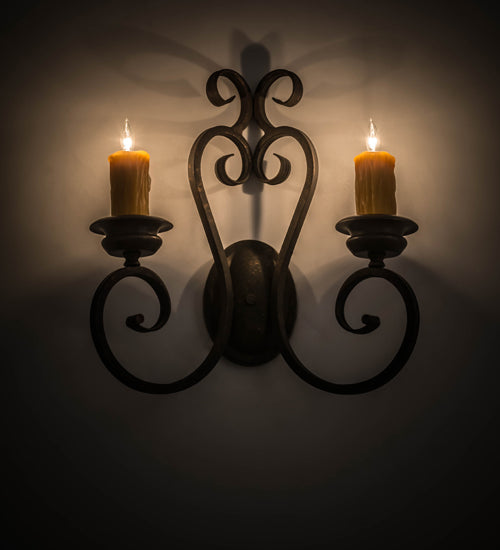Meyda Lighting Fernando 17" 2-Light Gilded Tobacco Wall Sconce With Amber Faux Candlelight