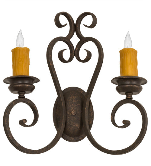 Meyda Lighting Fernando 17" 2-Light Gilded Tobacco Wall Sconce With Amber Faux Candlelight