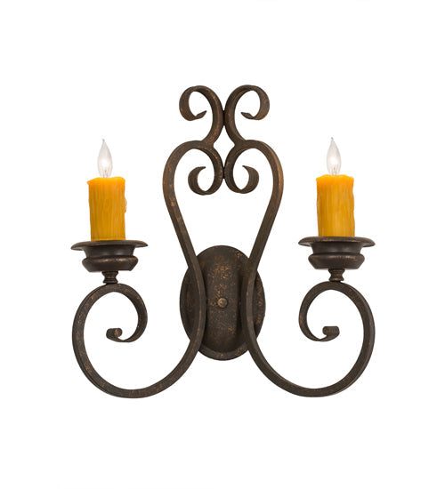 Meyda Lighting Fernando 17" 2-Light Gilded Tobacco Wall Sconce With Amber Faux Candlelight