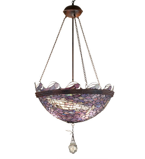 Meyda Lighting Fishnet 23" 3-Light Mahogany Bronze Inverted Pendant Light With Multi-Colored Shade Glass
