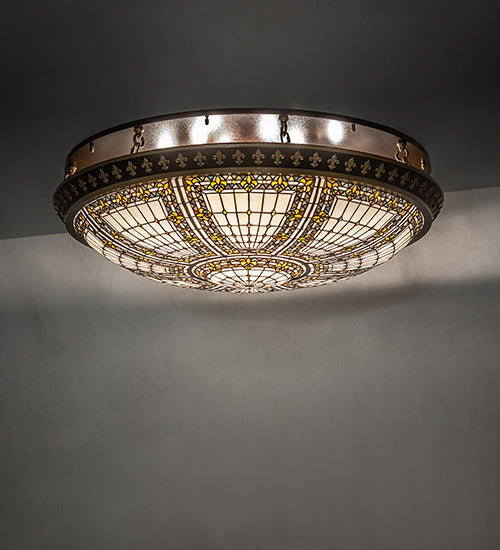 Meyda Lighting Fleur-De-Lis 163008 44" 8-Light Copper Vein & Gold Flush Mount Light With Multi-Colored Shade Glass