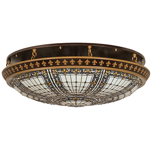 Meyda Lighting Fleur-De-Lis 163008 44" 8-Light Copper Vein & Gold Flush Mount Light With Multi-Colored Shade Glass