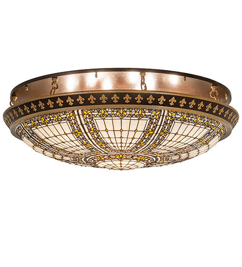 Meyda Lighting Fleur-De-Lis 163008 44" 8-Light Copper Vein & Gold Flush Mount Light With Multi-Colored Shade Glass