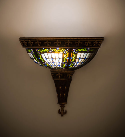 Meyda Lighting Fleur-De-Lis 18" 2-Light Mahogany Bronze Deco Wall Sconce With Multi-Colored Shade Glass