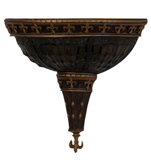 Meyda Lighting Fleur-De-Lis 18" 2-Light Mahogany Bronze Deco Wall Sconce With Multi-Colored Shade Glass