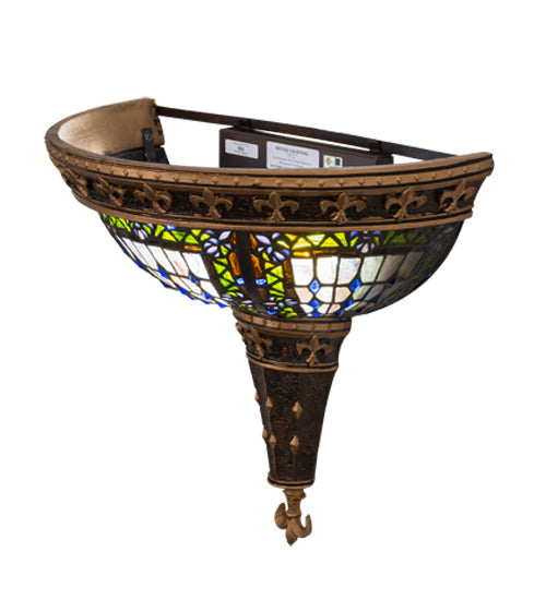 Meyda Lighting Fleur-De-Lis 18" 2-Light Mahogany Bronze Deco Wall Sconce With Multi-Colored Shade Glass