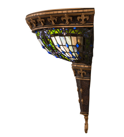 Meyda Lighting Fleur-De-Lis 18" 2-Light Mahogany Bronze Deco Wall Sconce With Multi-Colored Shade Glass