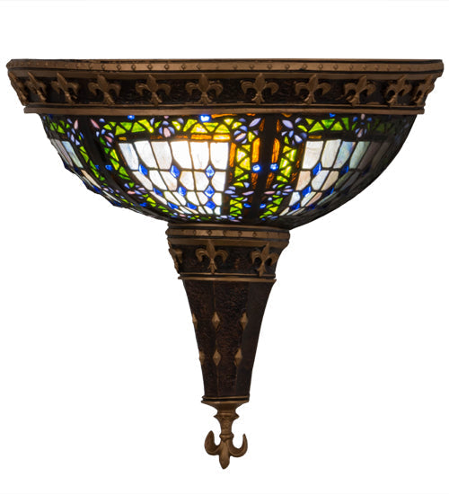Meyda Lighting Fleur-De-Lis 18" 2-Light Mahogany Bronze Deco Wall Sconce With Multi-Colored Shade Glass