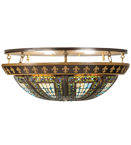 Meyda Lighting Fleur-De-Lis 28" 4-Light Copper Vein & Antique Gold Flush Mount Light With Multi-Colored Stained Shade Glass