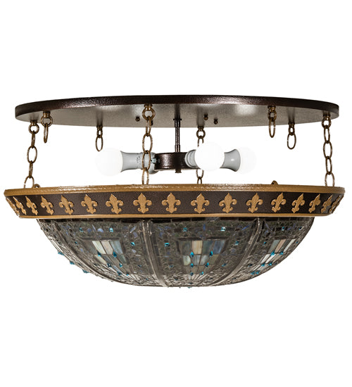 Meyda Lighting Fleur-De-Lis 28" 4-Light Copper Vein & Antique Gold Flush Mount Light With Multi-Colored Stained Shade Glass