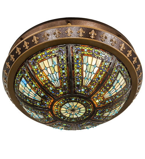 Meyda Lighting Fleur-De-Lis 28" 4-Light Copper Vein & Antique Gold Flush Mount Light With Multi-Colored Stained Shade Glass