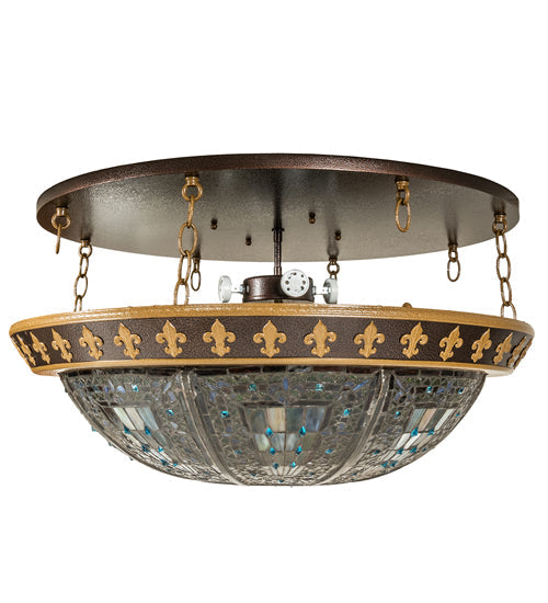 Meyda Lighting Fleur-De-Lis 28" 4-Light Copper Vein & Antique Gold Flush Mount Light With Multi-Colored Stained Shade Glass