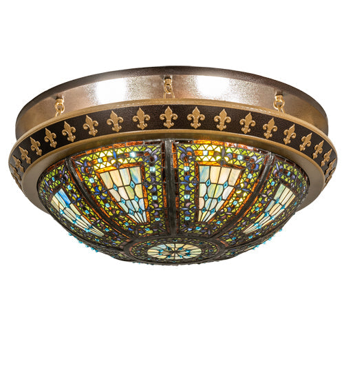 Meyda Lighting Fleur-De-Lis 28" 4-Light Copper Vein & Antique Gold Flush Mount Light With Multi-Colored Stained Shade Glass