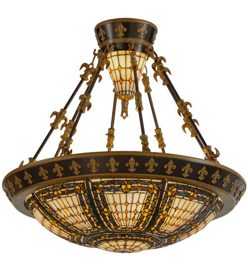 Meyda Lighting Fleur-De-Lis 28" 6-Light Copper Vein Semi-flush Mount Ceiling Light With Multi-Colored Iridescent Shade Glass