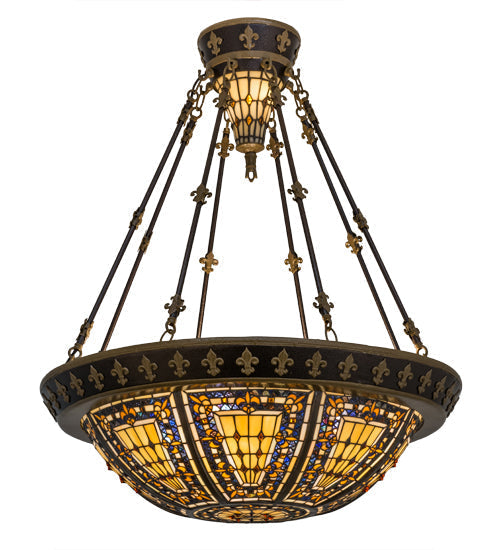 Meyda Lighting Fleur-De-Lis 28" 6-Light Copper Vein Semi-flush Mount Ceiling Light With Multi-Colored Iridescent Shade Glass