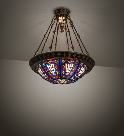 Meyda Lighting Fleur-De-Lis 28" 6-Light Copper Vein Semi-flush Mount Ceiling Light With Multi-Colored Shade Glass