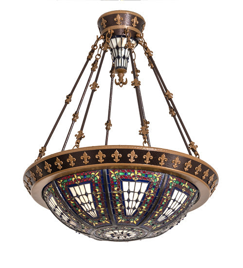 Meyda Lighting Fleur-De-Lis 28" 6-Light Copper Vein Semi-flush Mount Ceiling Light With Multi-Colored Shade Glass