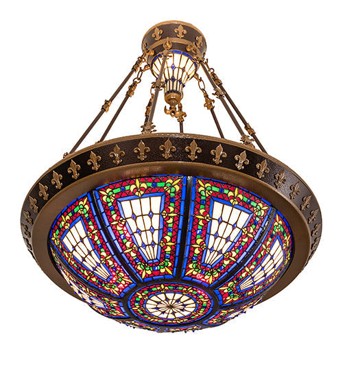 Meyda Lighting Fleur-De-Lis 28" 6-Light Copper Vein Semi-flush Mount Ceiling Light With Multi-Colored Shade Glass