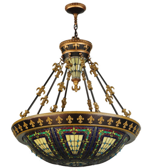 Meyda Lighting Fleur-De-Lis 28" 6-Light Inverted Pendant Light With Multi-Colored Stained Shade Glass