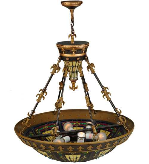 Meyda Lighting Fleur-De-Lis 28" 6-Light Inverted Pendant Light With Multi-Colored Stained Shade Glass