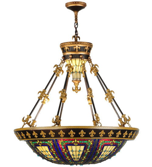 Meyda Lighting Fleur-De-Lis 28" 6-Light Inverted Pendant Light With Multi-Colored Stained Shade Glass