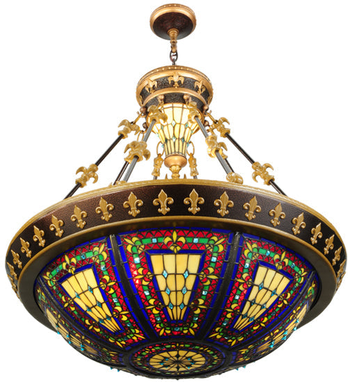 Meyda Lighting Fleur-De-Lis 28" 6-Light Inverted Pendant Light With Multi-Colored Stained Shade Glass