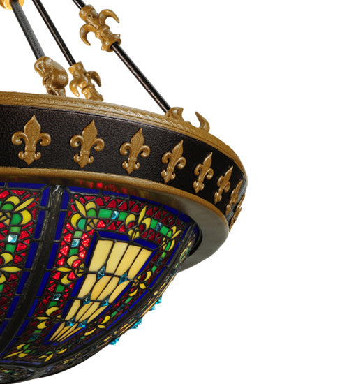 Meyda Lighting Fleur-De-Lis 28" 6-Light Inverted Pendant Light With Multi-Colored Stained Shade Glass