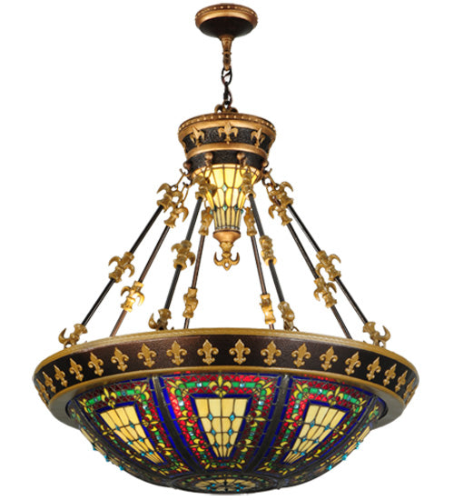 Meyda Lighting Fleur-De-Lis 28" 6-Light Inverted Pendant Light With Multi-Colored Stained Shade Glass