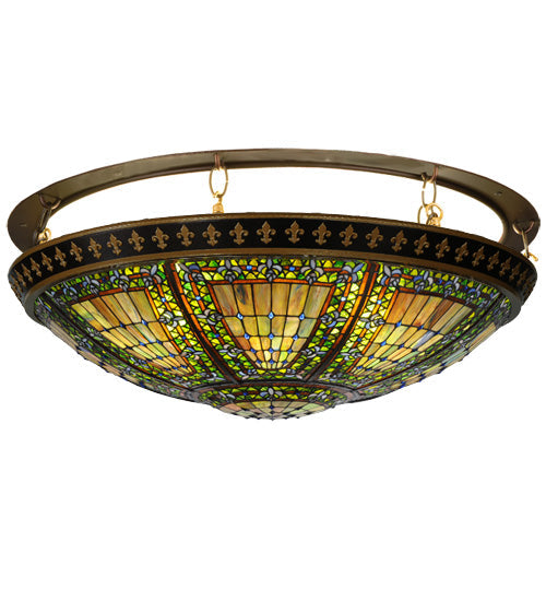 Meyda Lighting Fleur-De-Lis 44" 8-Light Copper Vein & Gold Flush Mount Light With Multi-Colored Shade Glass