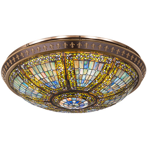 Meyda Lighting Fleur-De-Lis 47" 8-Light Copper Vein Flush Mount Light With Multi-Colored Shade Glass