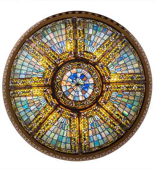 Meyda Lighting Fleur-De-Lis 47" 8-Light Copper Vein Flush Mount Light With Multi-Colored Shade Glass
