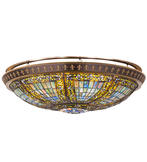 Meyda Lighting Fleur-De-Lis 47" 8-Light Copper Vein Flush Mount Light With Multi-Colored Shade Glass