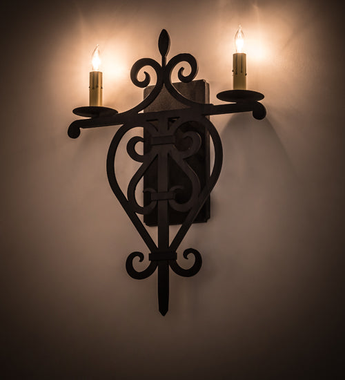 Meyda Lighting Fleur De Lys 15" 2-Light Costello Black Wall Sconce With Ivory Faux Candlelight