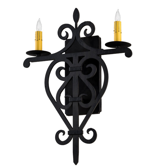 Meyda Lighting Fleur De Lys 15" 2-Light Costello Black Wall Sconce With Ivory Faux Candlelight