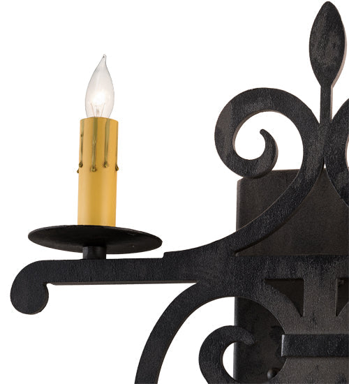 Meyda Lighting Fleur De Lys 15" 2-Light Costello Black Wall Sconce With Ivory Faux Candlelight