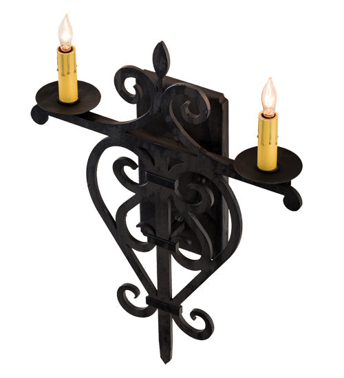 Meyda Lighting Fleur De Lys 15" 2-Light Costello Black Wall Sconce With Ivory Faux Candlelight