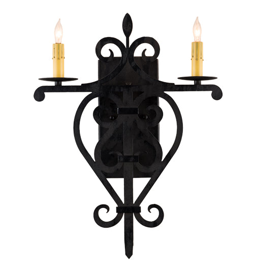 Meyda Lighting Fleur De Lys 15" 2-Light Costello Black Wall Sconce With Ivory Faux Candlelight