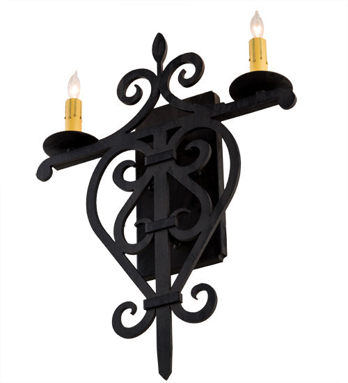 Meyda Lighting Fleur De Lys 15" 2-Light Costello Black Wall Sconce With Ivory Faux Candlelight