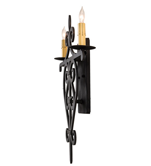 Meyda Lighting Fleur De Lys 15" 2-Light Costello Black Wall Sconce With Ivory Faux Candlelight