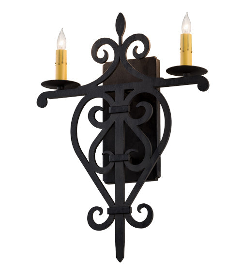 Meyda Lighting Fleur De Lys 15" 2-Light Costello Black Wall Sconce With Ivory Faux Candlelight