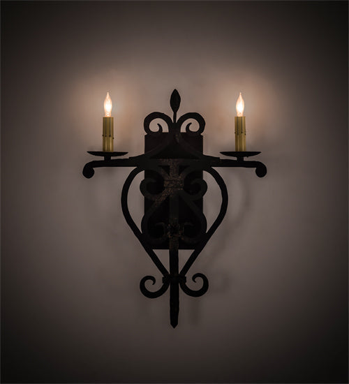Meyda Lighting Fleur De Lys 15" 2-Light Distressed Costello Black Wall Sconce With Ivory Faux Candlelight