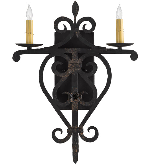 Meyda Lighting Fleur De Lys 15" 2-Light Distressed Costello Black Wall Sconce With Ivory Faux Candlelight