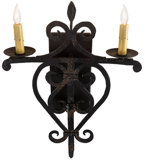 Meyda Lighting Fleur De Lys 15" 2-Light Distressed Costello Black Wall Sconce With Ivory Faux Candlelight