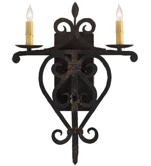 Meyda Lighting Fleur De Lys 15" 2-Light Distressed Costello Black Wall Sconce With Ivory Faux Candlelight