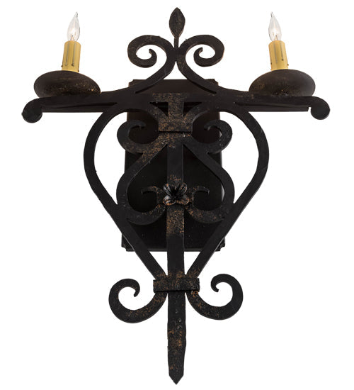 Meyda Lighting Fleur De Lys 15" 2-Light Distressed Costello Black Wall Sconce With Ivory Faux Candlelight