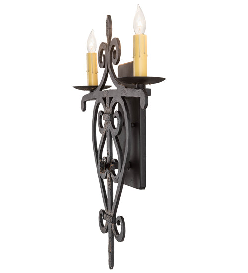 Meyda Lighting Fleur De Lys 15" 2-Light Distressed Costello Black Wall Sconce With Ivory Faux Candlelight