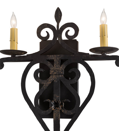 Meyda Lighting Fleur De Lys 15" 2-Light Distressed Costello Black Wall Sconce With Ivory Faux Candlelight