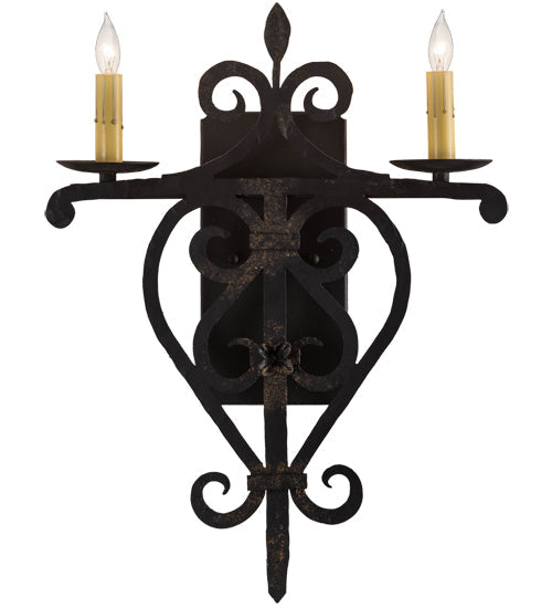 Meyda Lighting Fleur De Lys 15" 2-Light Distressed Costello Black Wall Sconce With Ivory Faux Candlelight